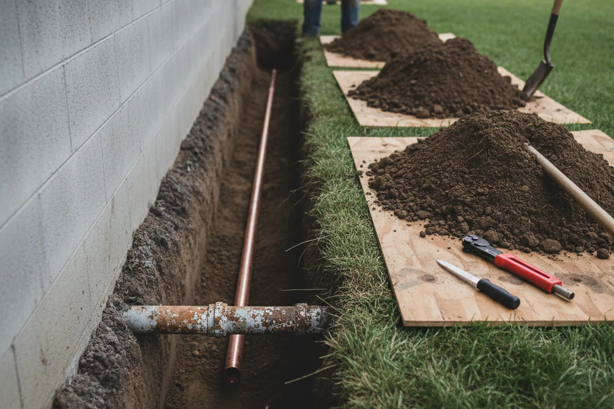 Excavated water line trench during Sewer Line Repair in Elon